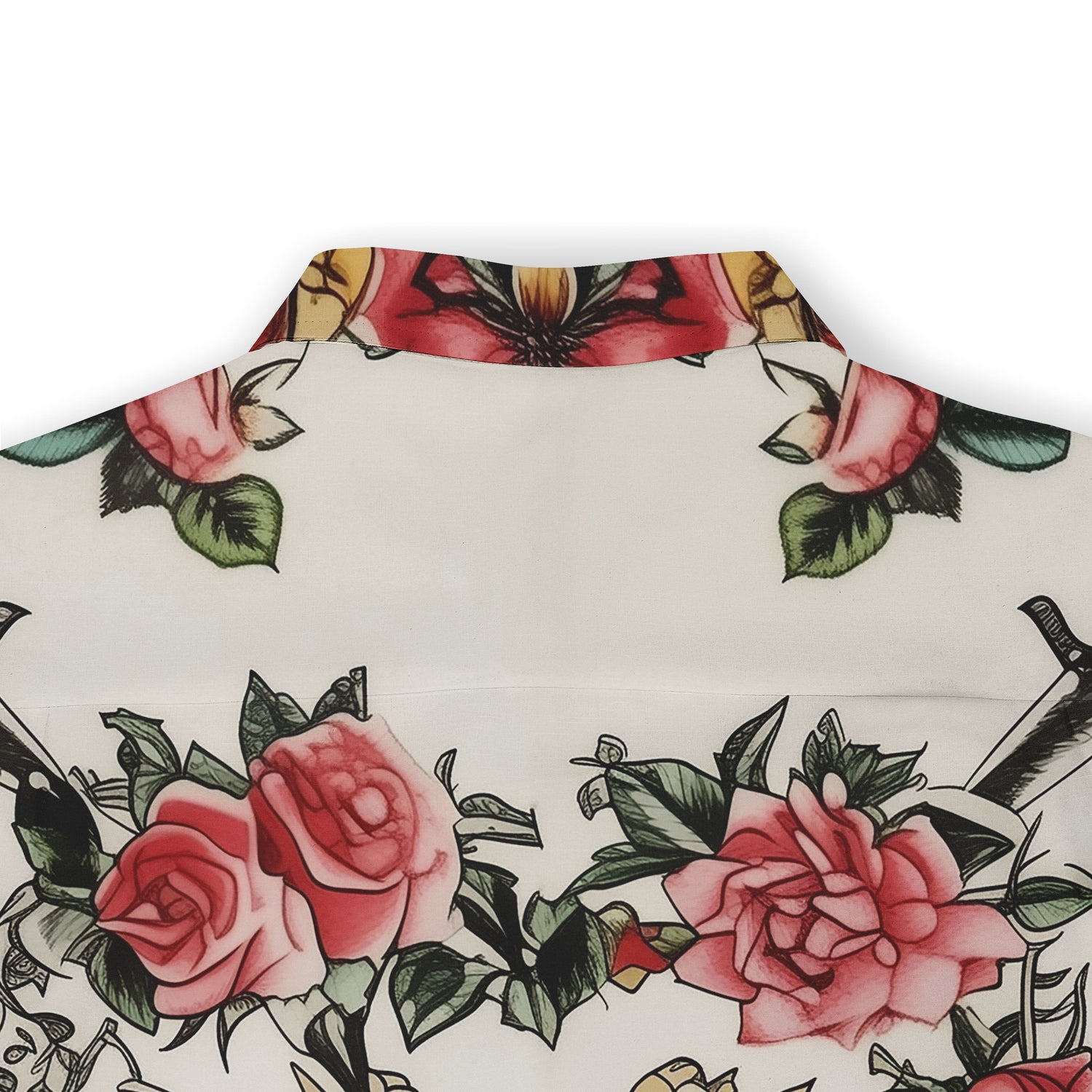 Elegant shirt with a heart, roses, and swords motif in red and pink