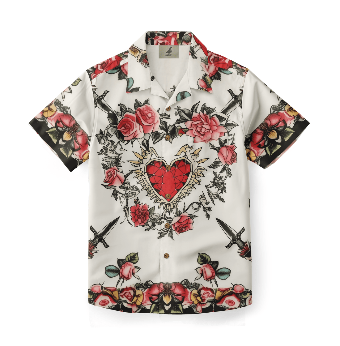 Shirt with a heart surrounded by red and pink roses and swords