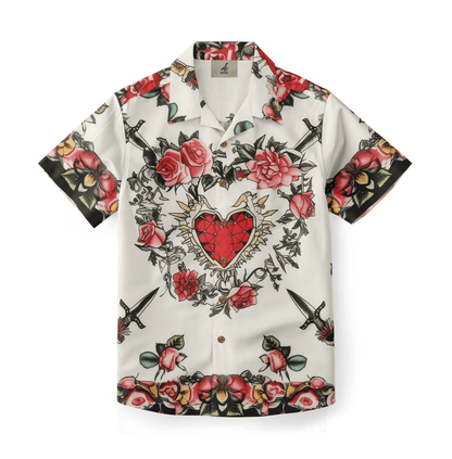 Shirt with a heart surrounded by red and pink roses and swords