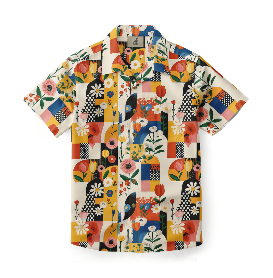 Colorful floral collage pattern on a short-sleeve shirt.