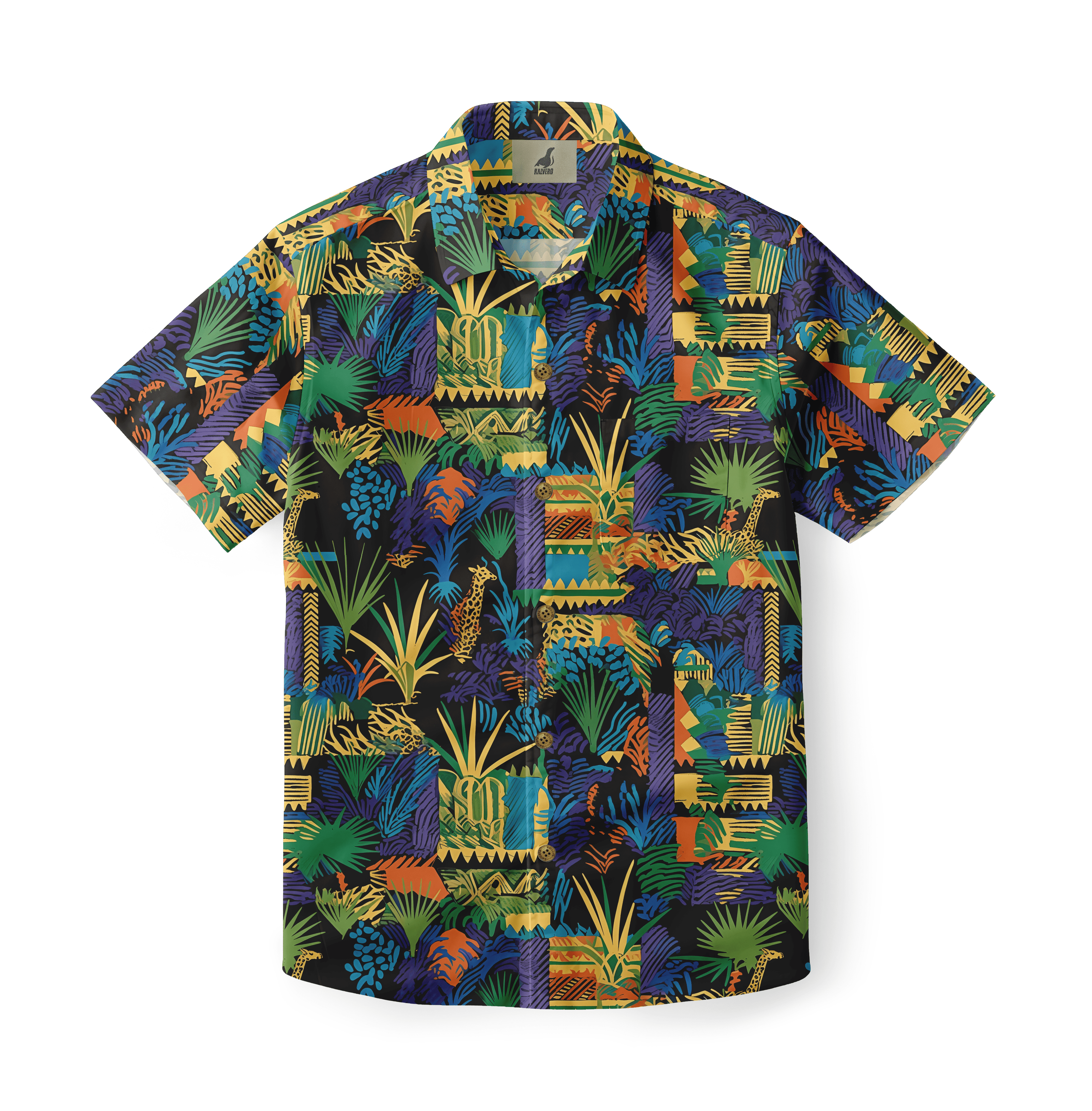 Close-up of a shirt with vibrant geometric jungle patterns in bright colors.