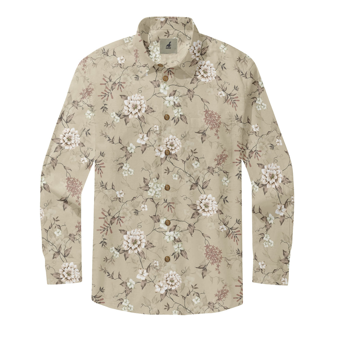 Beige Tropical Floral Long Sleeve Hawaiian Shirt