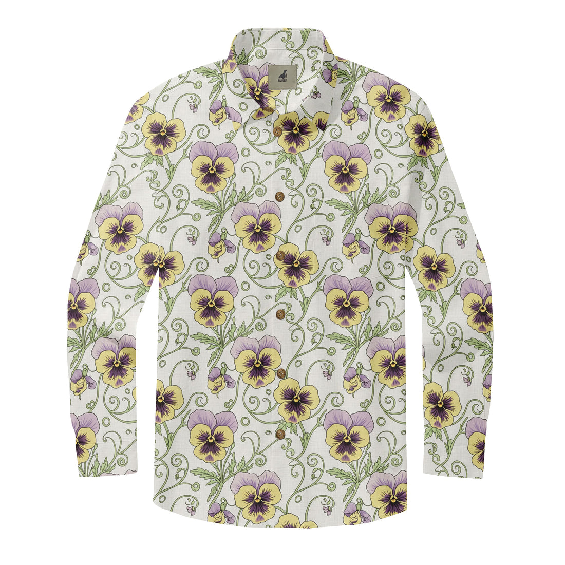 White Purple &amp; Yellow Pansy Long Sleeve Hawaiian Shirt