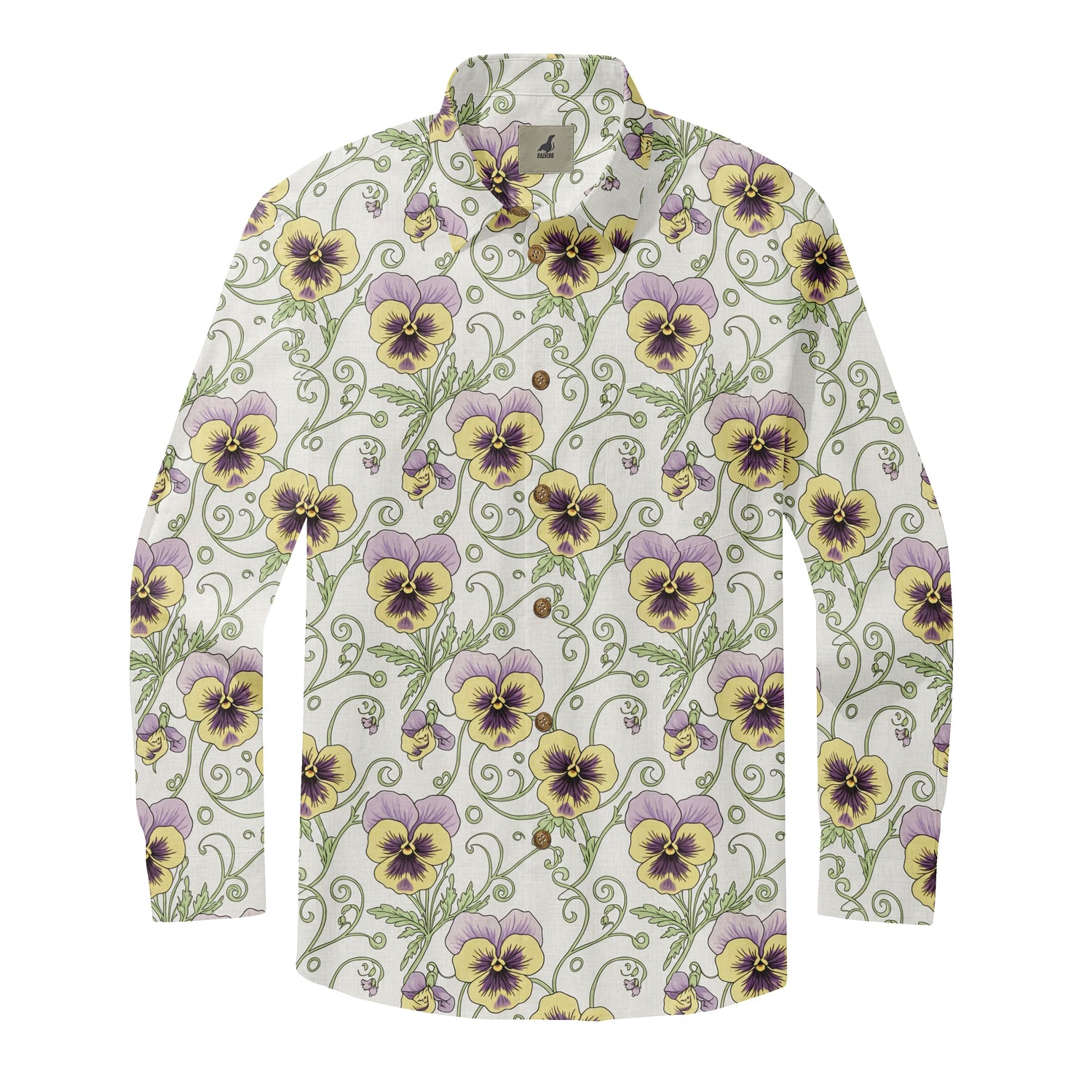 White Purple &amp; Yellow Pansy Long Sleeve Hawaiian Shirt