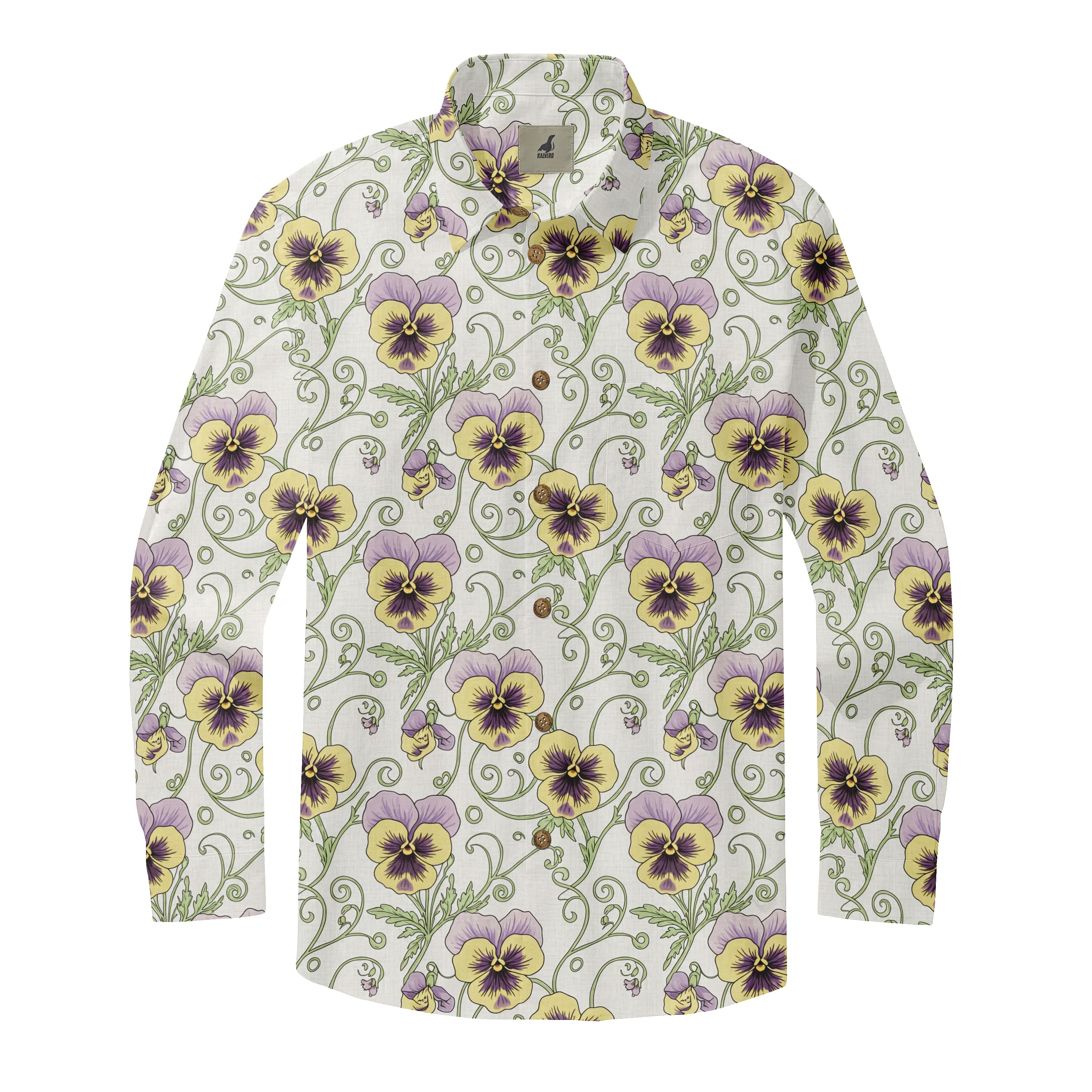 White Purple &amp; Yellow Pansy Long Sleeve Hawaiian Shirt