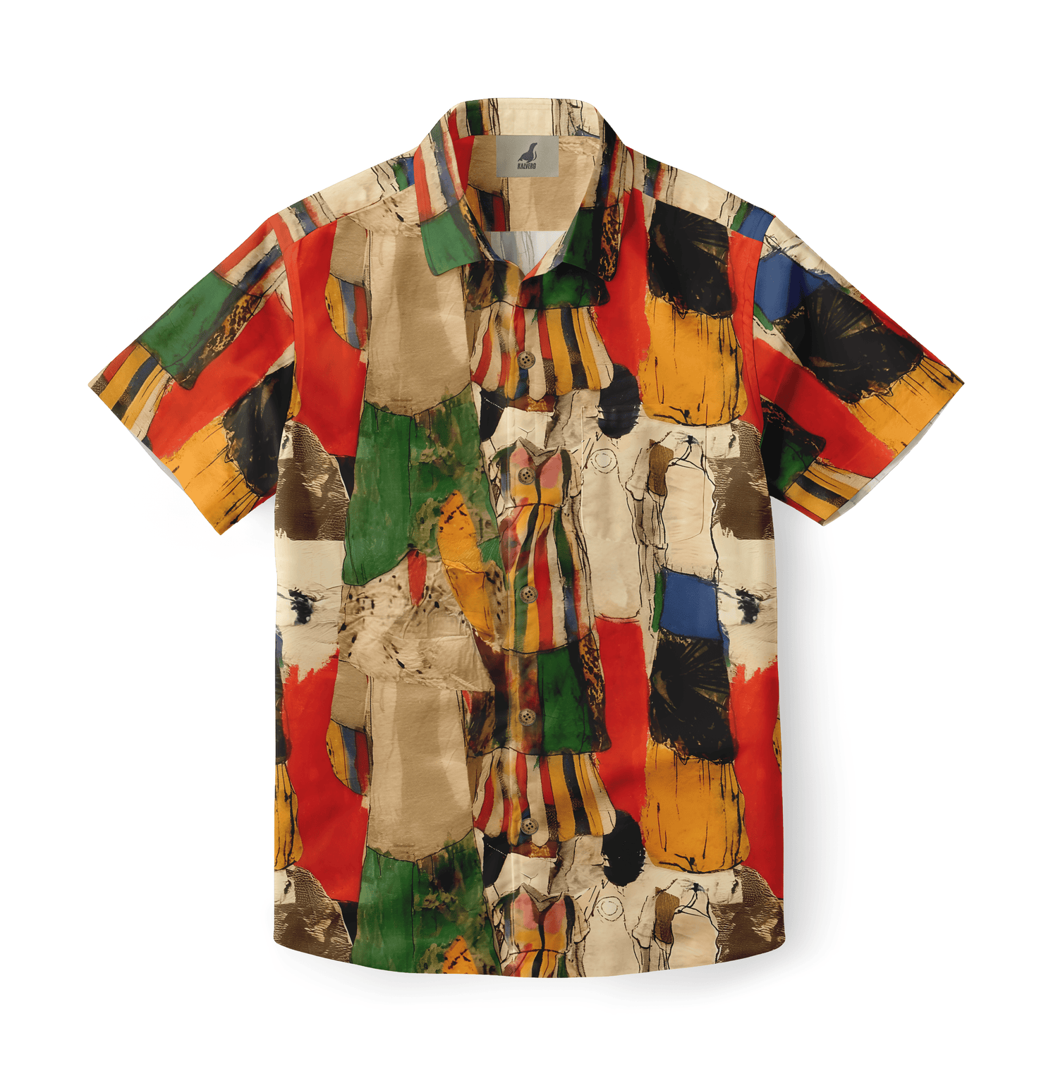 Vibrant abstract art shirt with bold patterns.