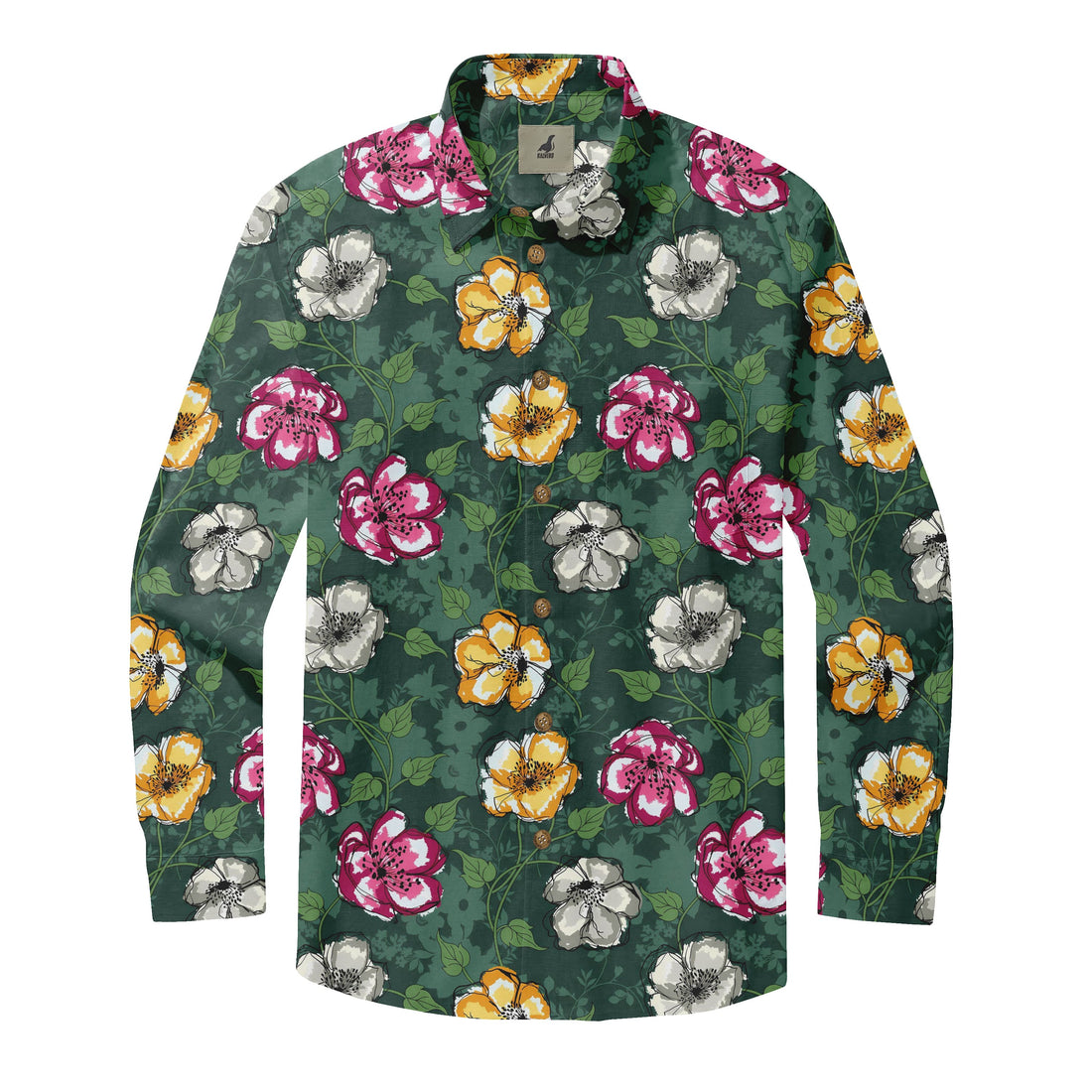 Dark Green Tropical Floral Long Sleeve Hawaiian Shirt