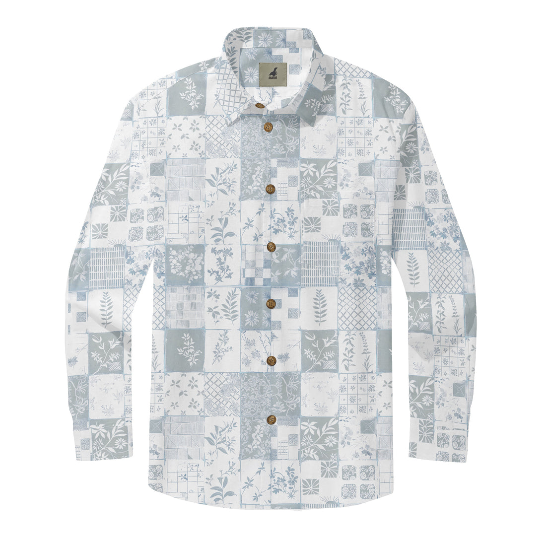 Long-sleeve button-up shirt with patchwork floral and geometric.