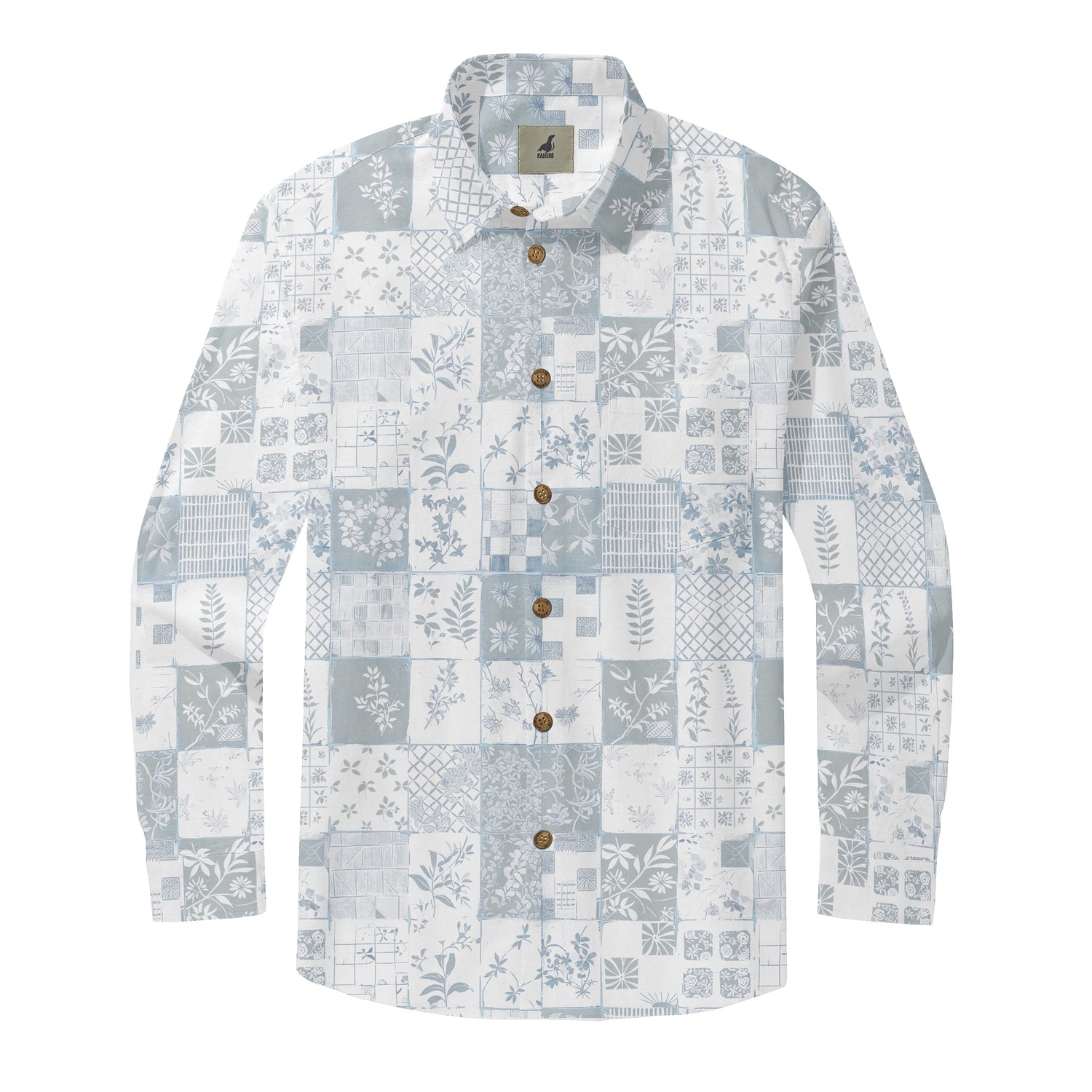 Long-sleeve button-up shirt with patchwork floral and geometric.