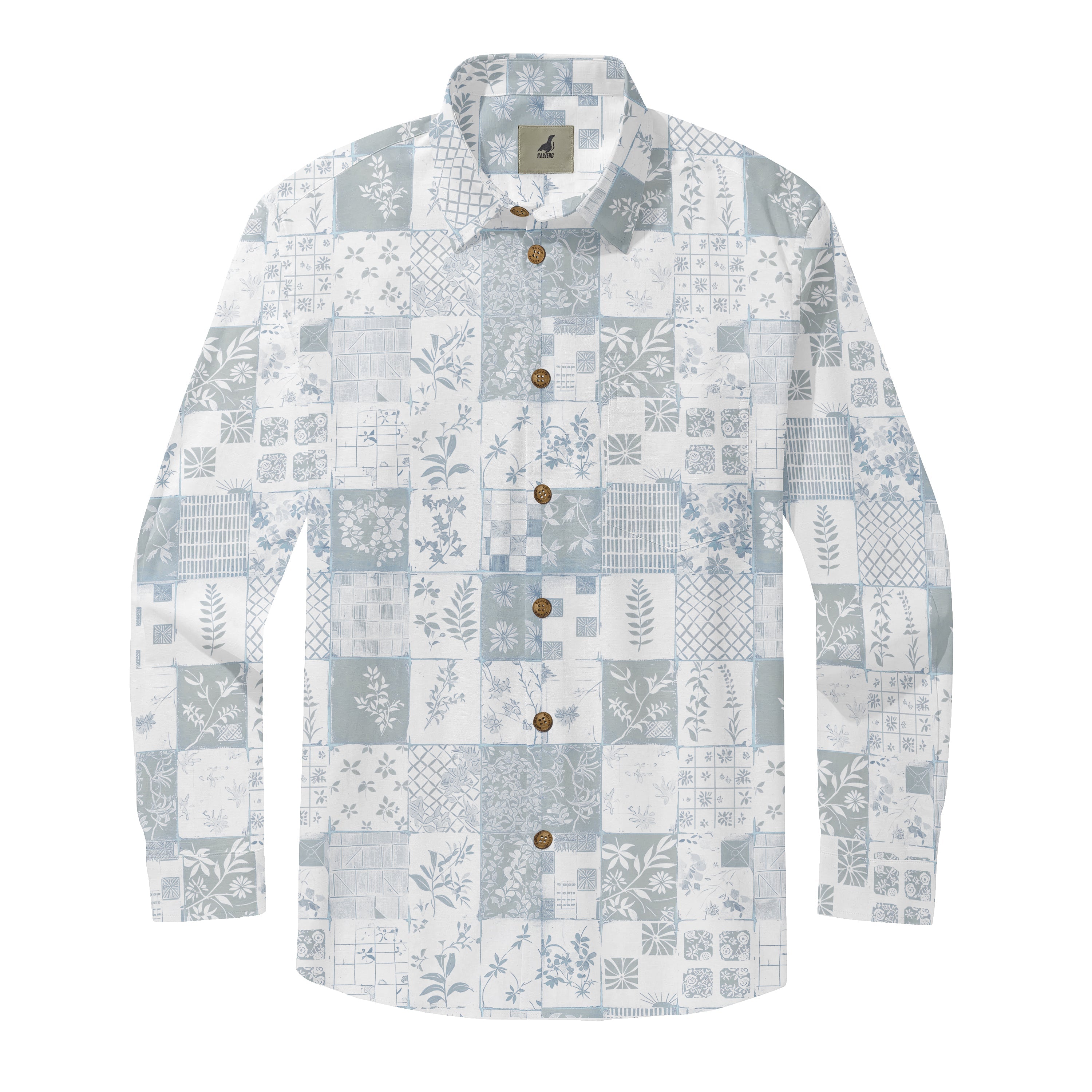 Long-sleeve button-up shirt with patchwork floral and geometric.