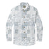 Long-sleeve button-up shirt with patchwork floral and geometric.