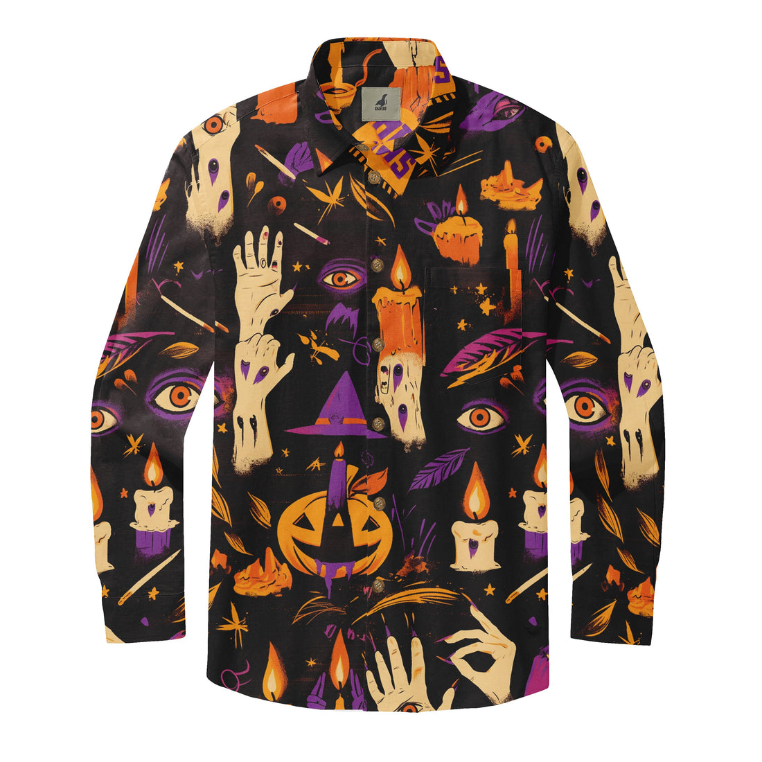 Black long-sleeve shirt with Halloween-themed print featuring.