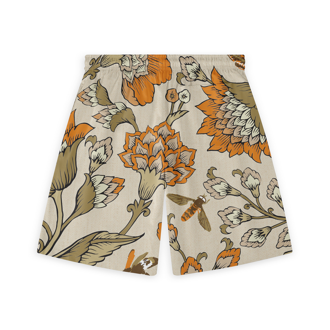 Floral-patterned shorts with orange, beige, and brown flowers.