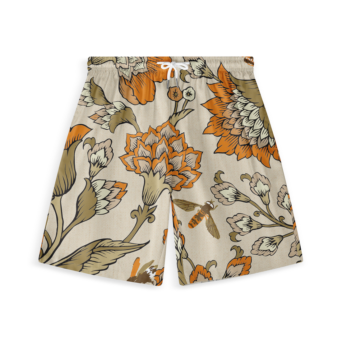 Beige shorts with orange and brown floral pattern.