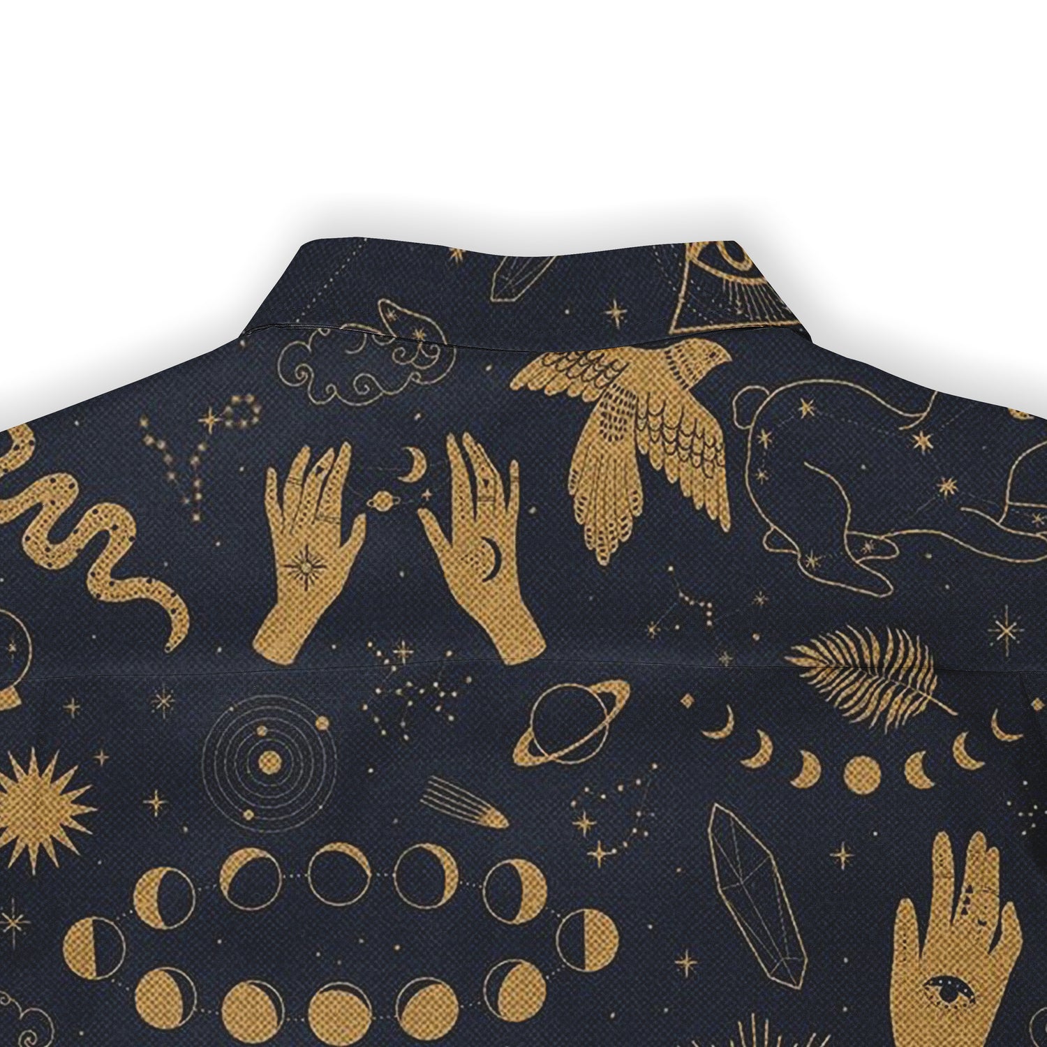 Dark blue shirt with gold celestial and hand patterns.
