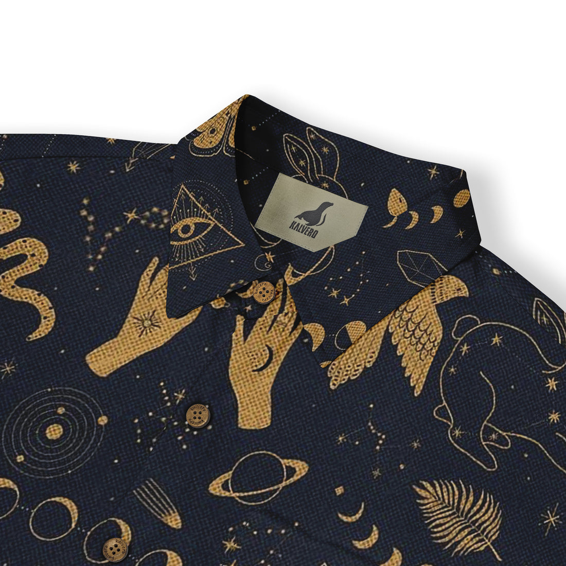 Dark blue shirt with gold cosmic and hand patterns.