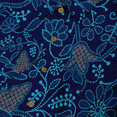 Navy shirt with light blue floral and vine patterns.