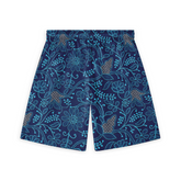 Back view of navy shorts with light blue floral and vine patterns, featuring an elastic waistband for comfort.