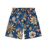 Back view of a pair of shorts featuring a vibrant floral design on a deep blue background, showcasing various flowers and leaves in rich colors.