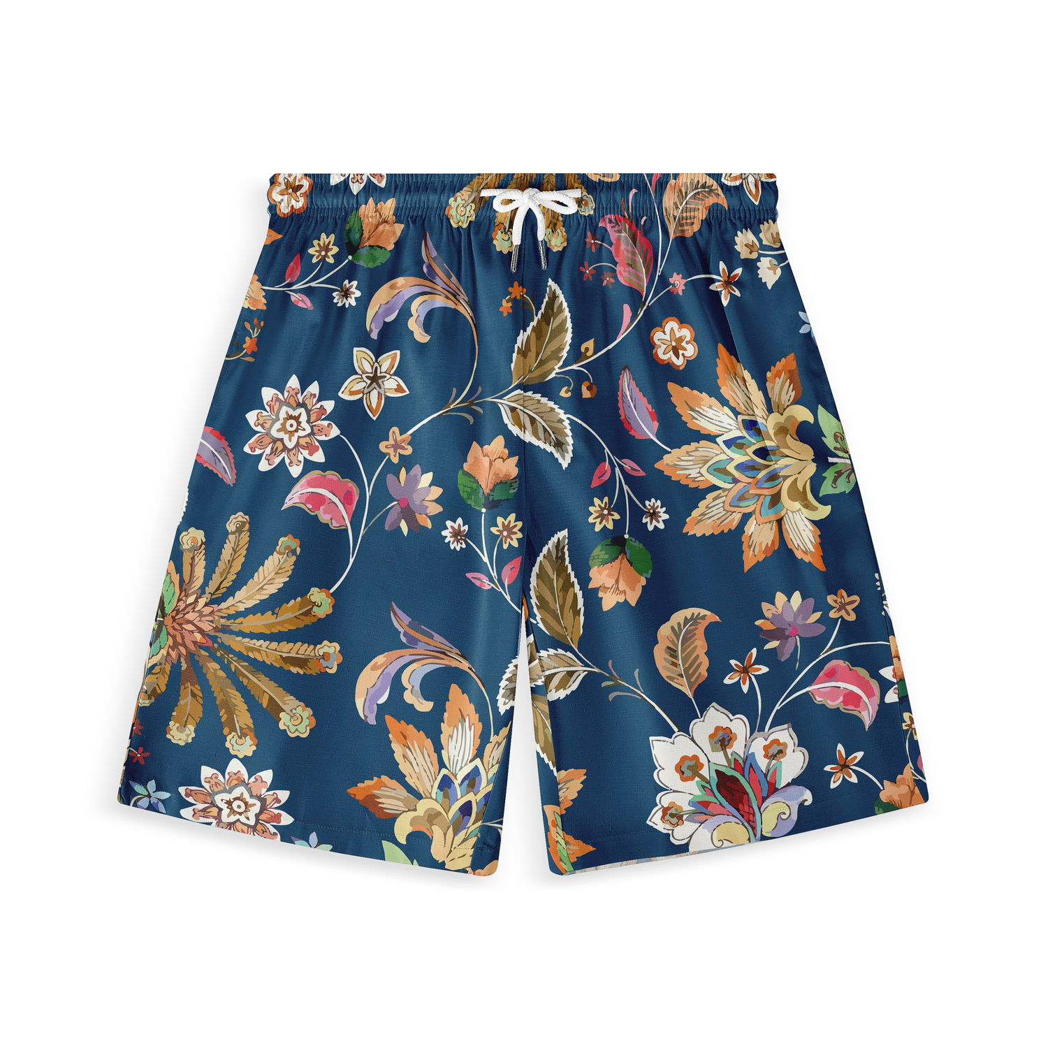 Front view of a pair of shorts featuring a colorful and intricate floral pattern on a deep blue background, adorned with various leaves and blossoms.