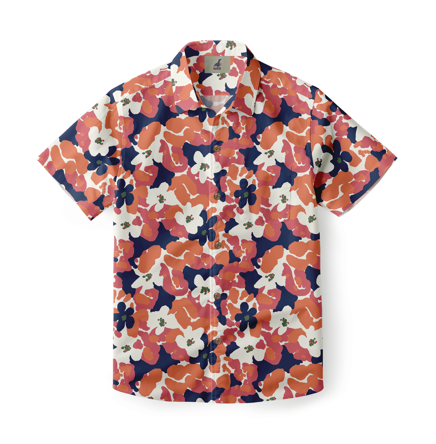 Orange and red shirt with bold floral patterns, radiating energy and confidence.