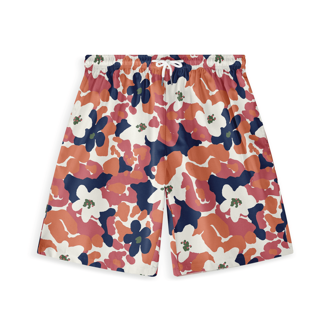 Orange and red short with bold floral patterns, radiating energy and confidence.