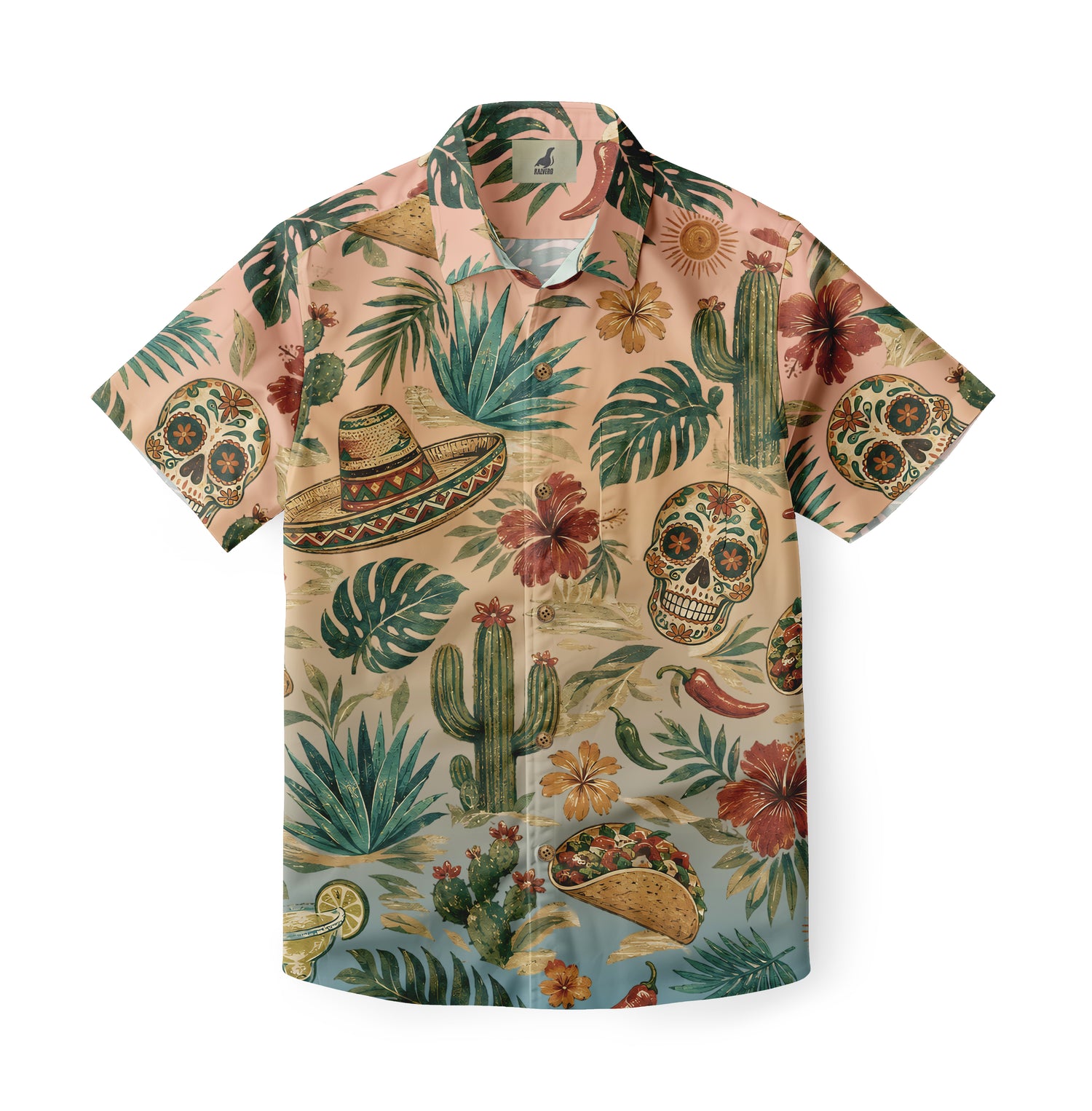 Desert Fiesta sugar skull Hawaiian shirt with cactus, agave, sombrero, taco and tropical floral print