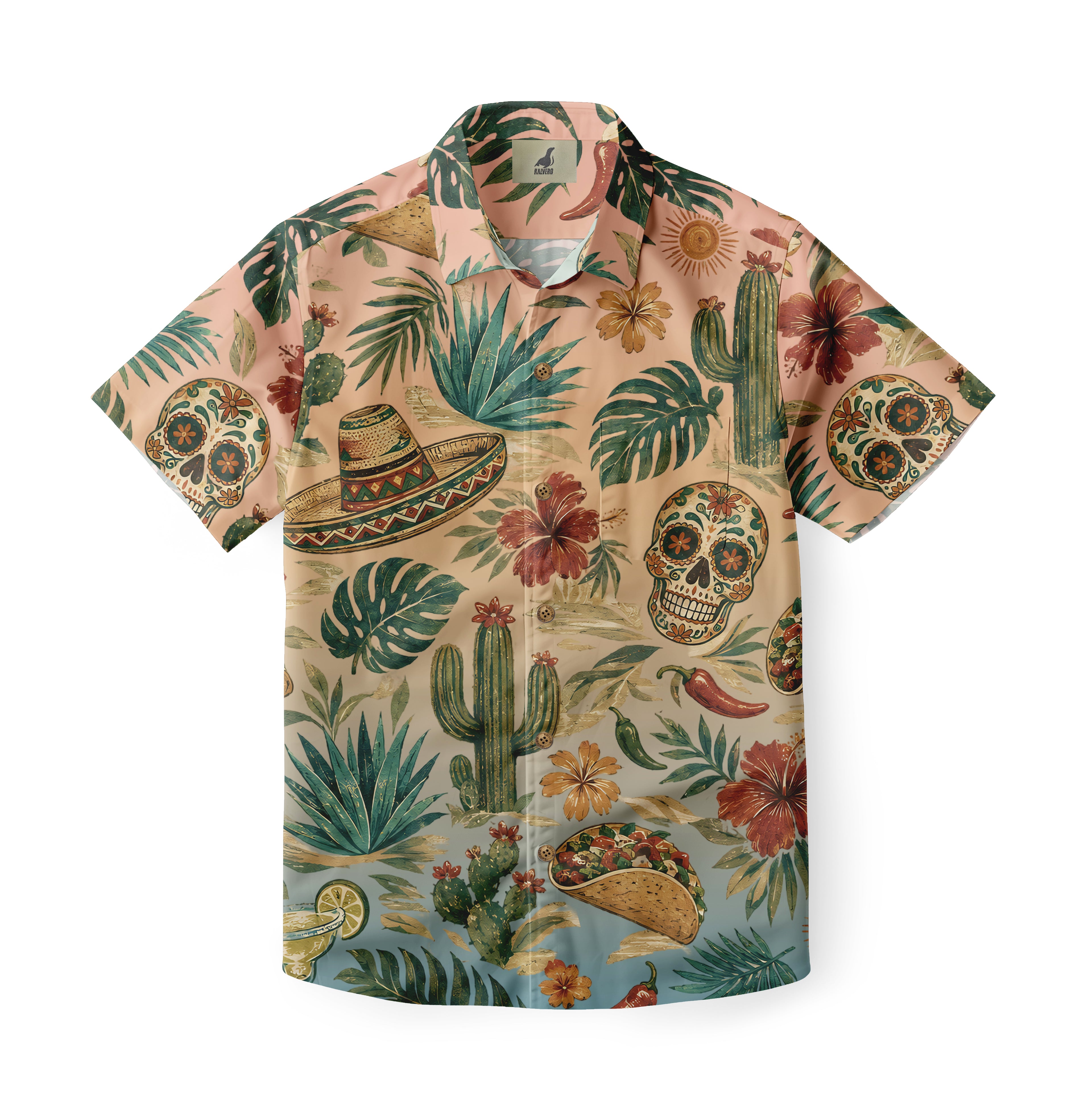 Desert Fiesta sugar skull Hawaiian shirt with cactus, agave, sombrero, taco and tropical floral print