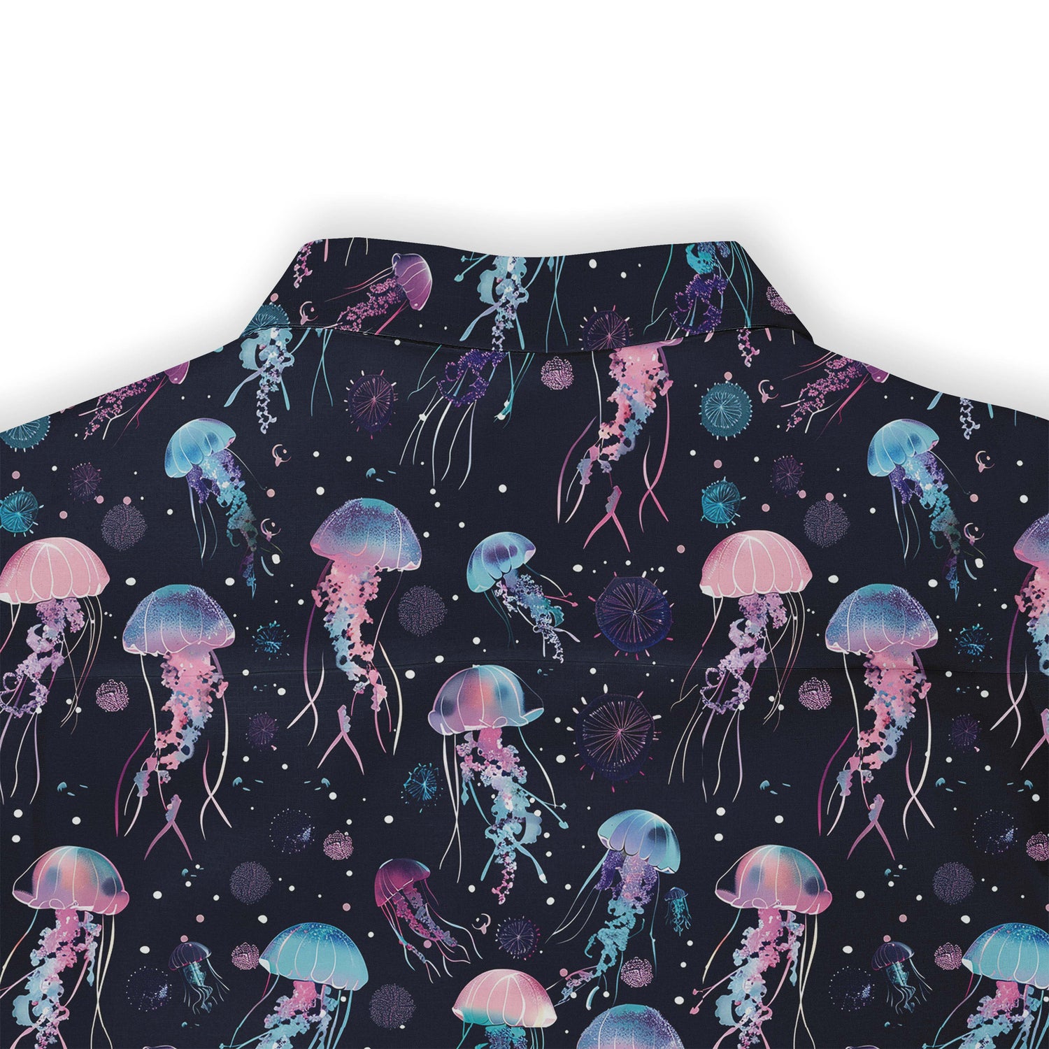 Shirt featuring a design of bioluminescent jellyfish against a dark, starry background back view