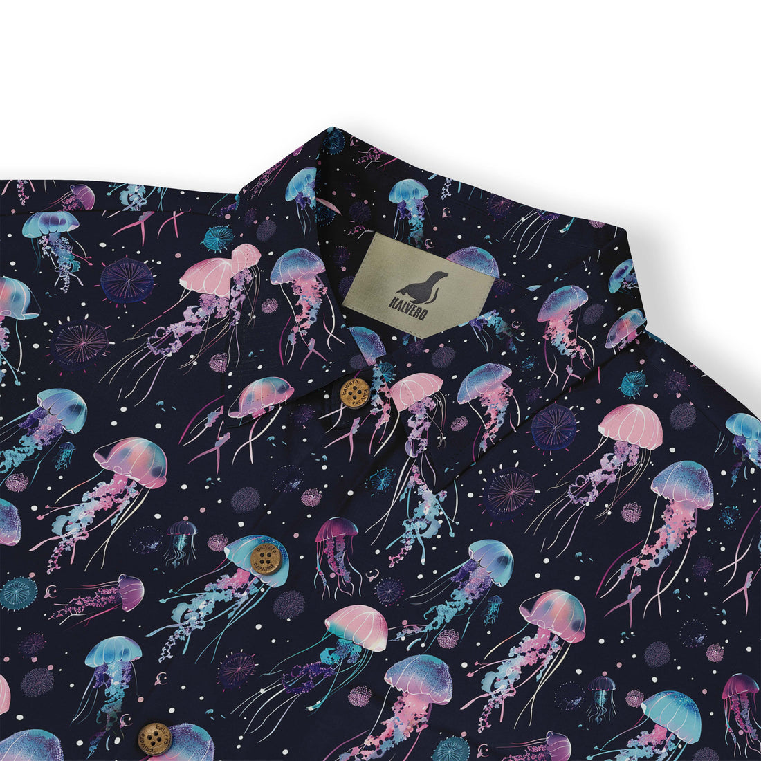 Dark shirt with colorful jellyfish print and logo tag.