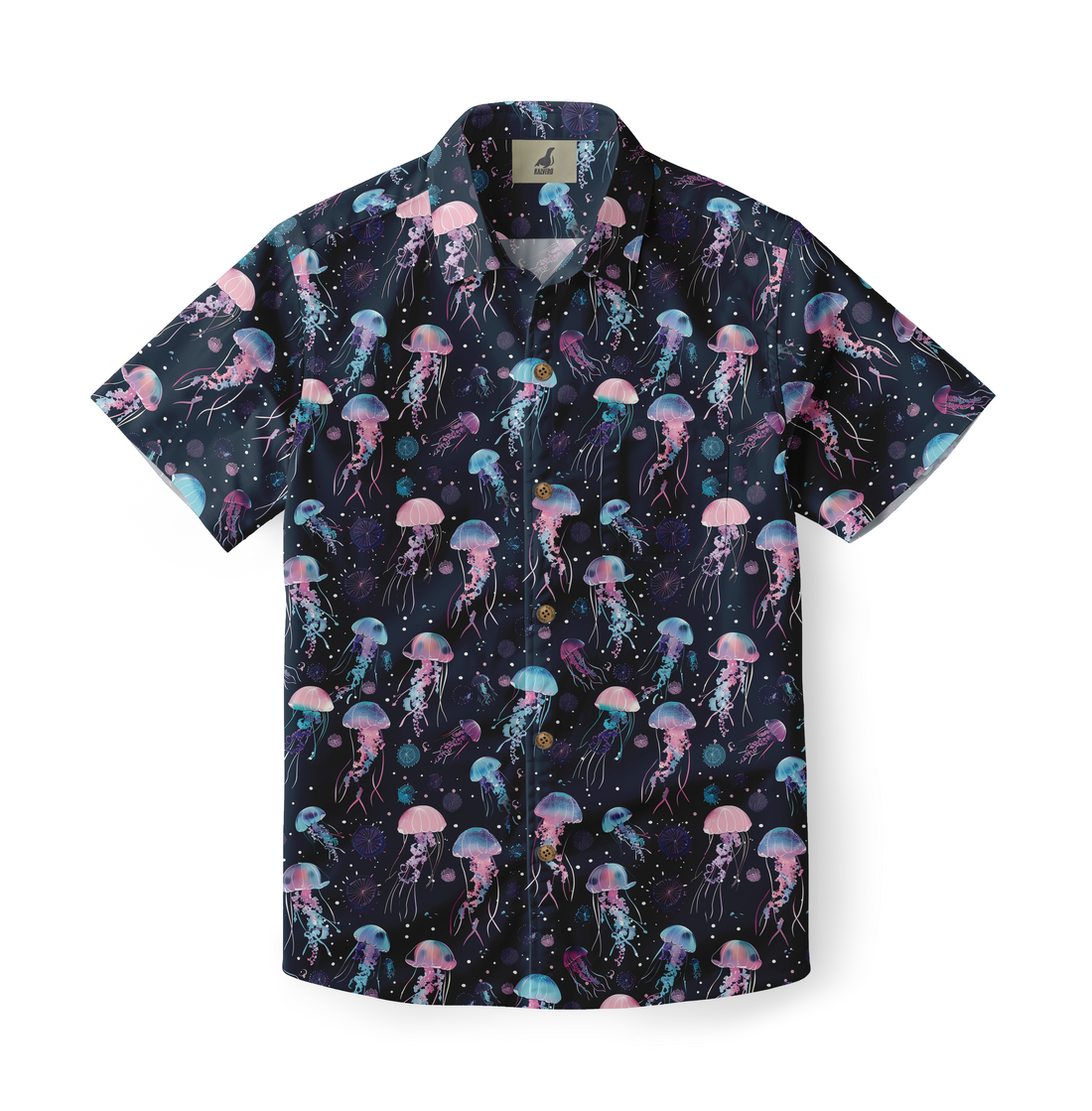 Dark blue shirt with colorful jellyfish pattern.