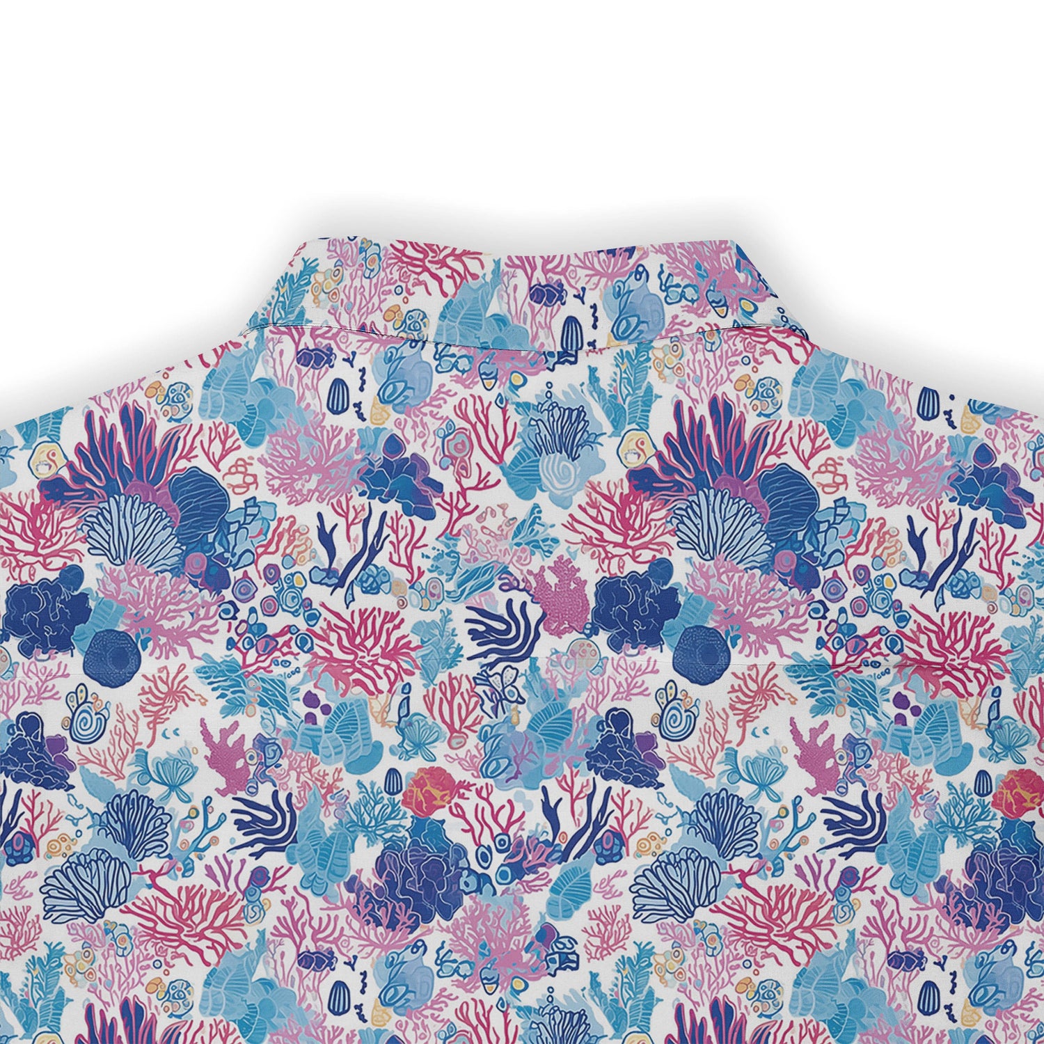 Colorful shirt featuring detailed coral reef and marine life designs in shades of blue, pink, and purple back view