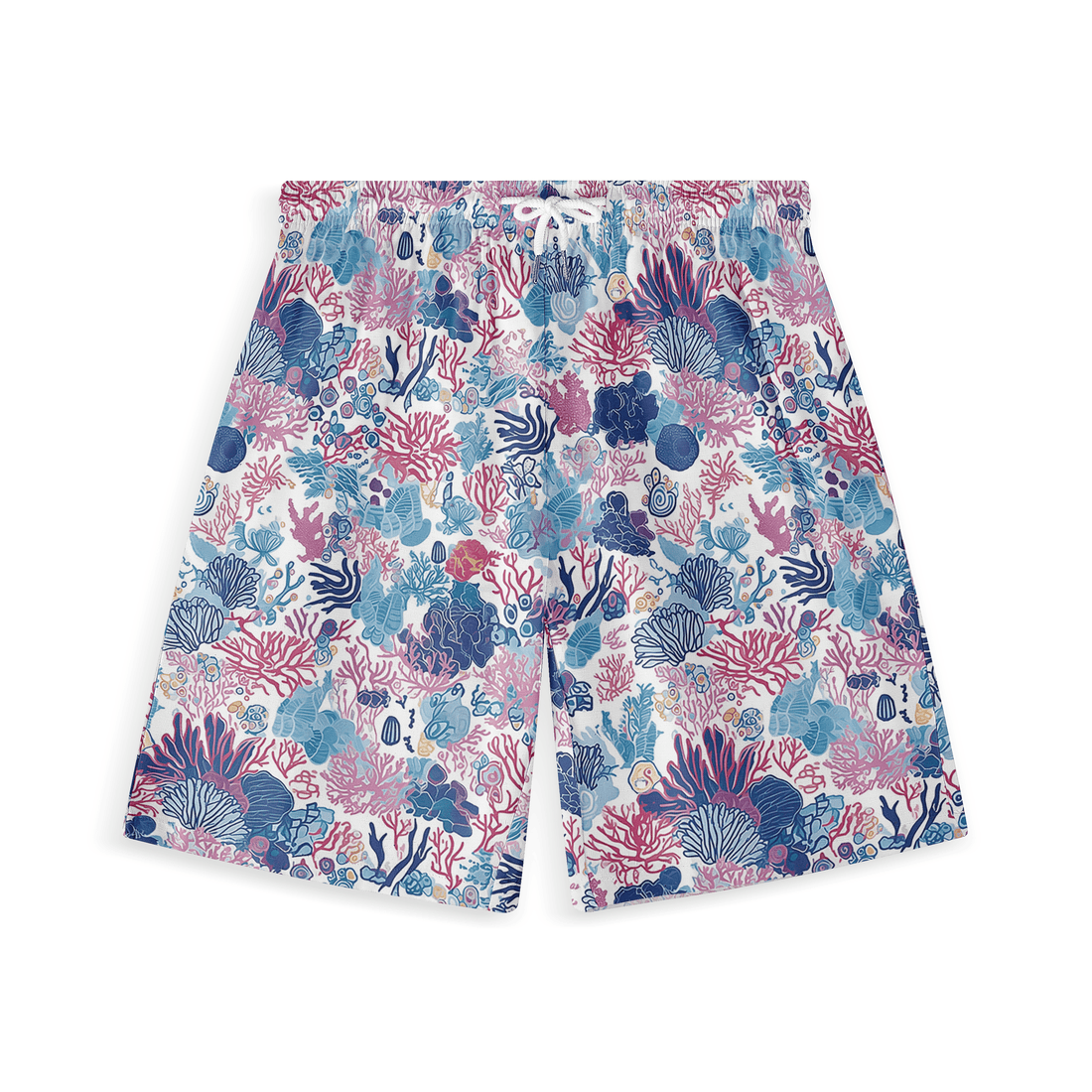 Colorful short featuring detailed coral reef and marine life designs in shades of blue, pink, and purple.