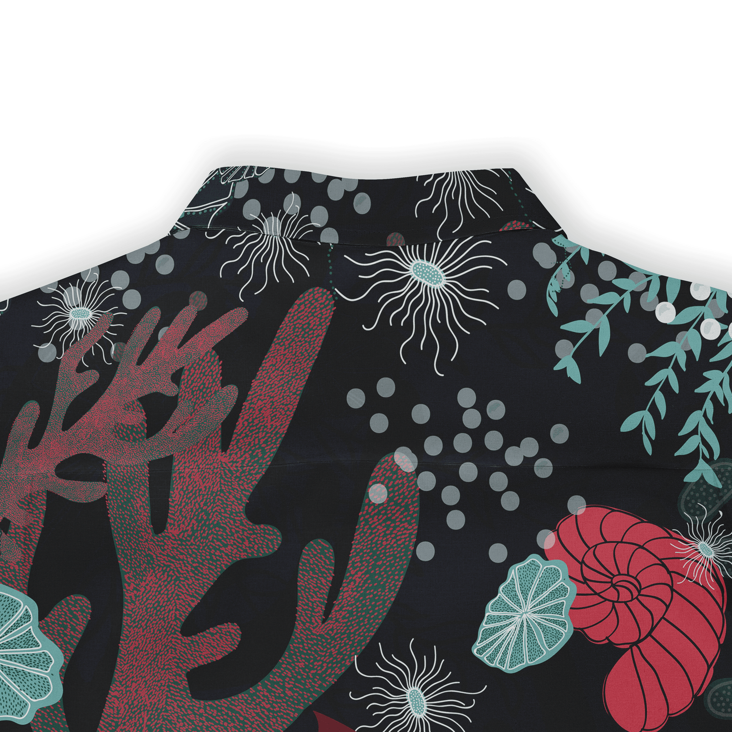 Black shirt with vibrant red coral, teal leaves, and white jellyfish.