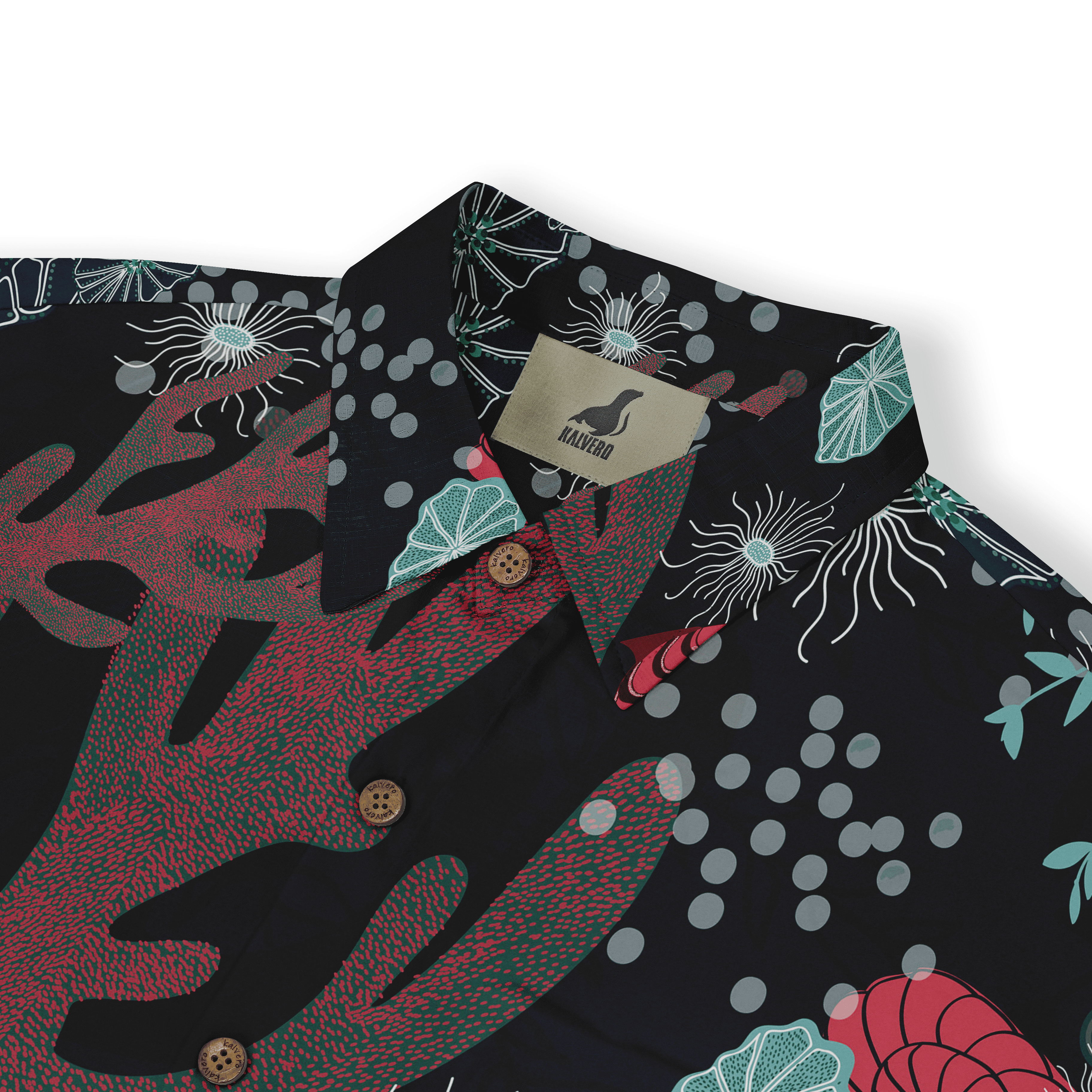 Black shirt with vibrant floral and leaf patterns, featuring wooden.