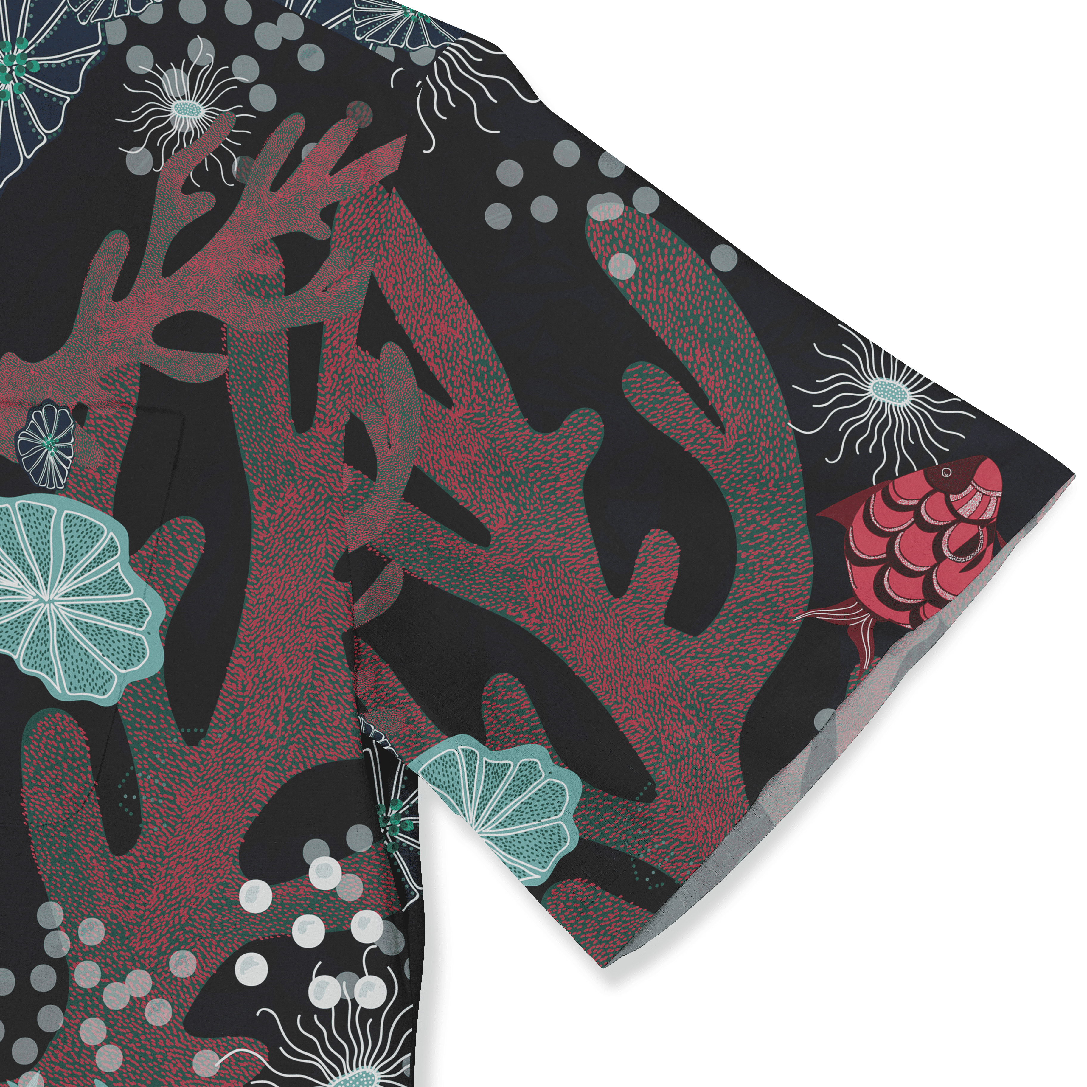 Black fabric with vibrant red coral, teal shells, and pink fish.