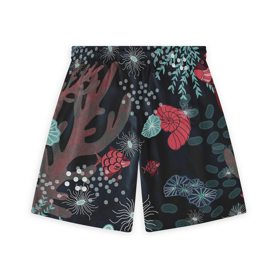 Black swim shorts with vibrant red fish, coral, and sea plants.