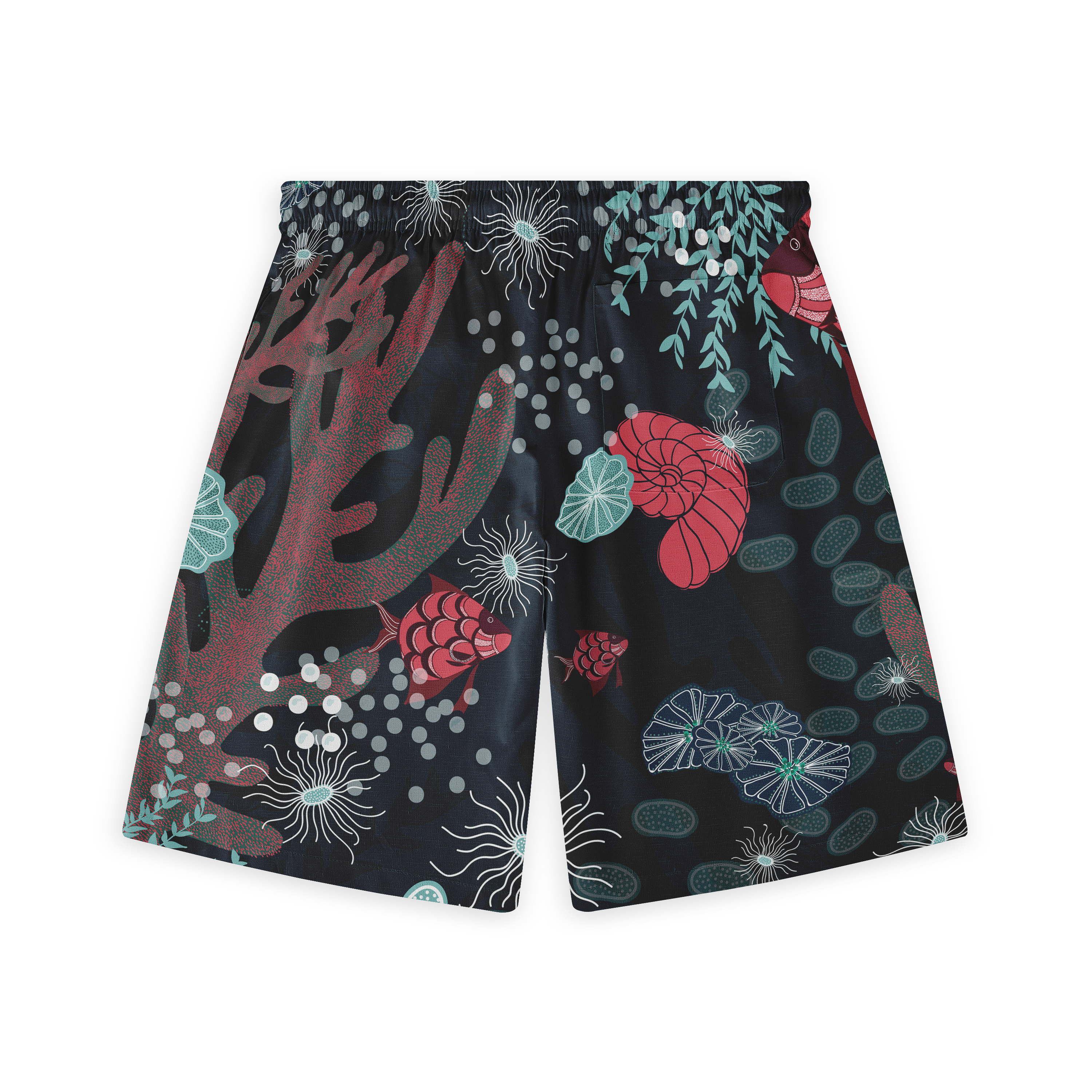 Black swim shorts with vibrant red fish, coral, and sea plants.