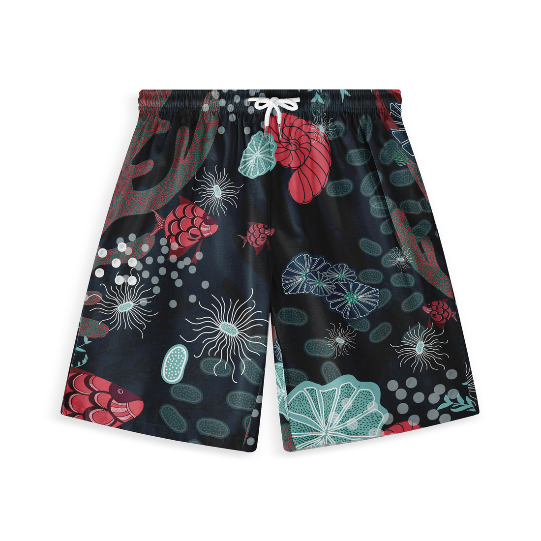 Black swim shorts with vibrant underwater print featuring red fish.