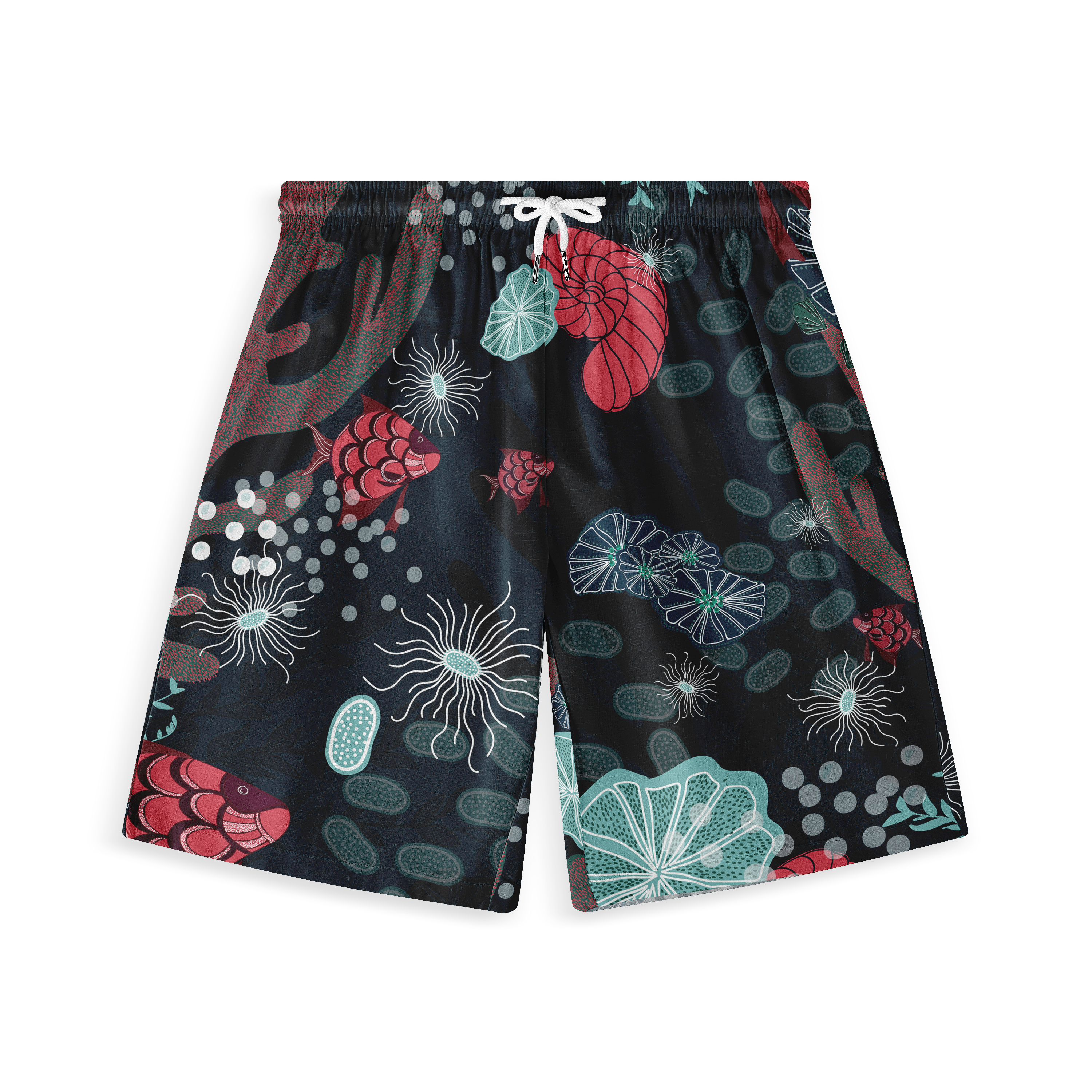 Black swim shorts with vibrant underwater print featuring red fish.