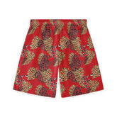 Hawaiian shorts with a red background, adorned with large, leopard-print leaves in yellow and brown tones, and subtle snake elements throughout the design.