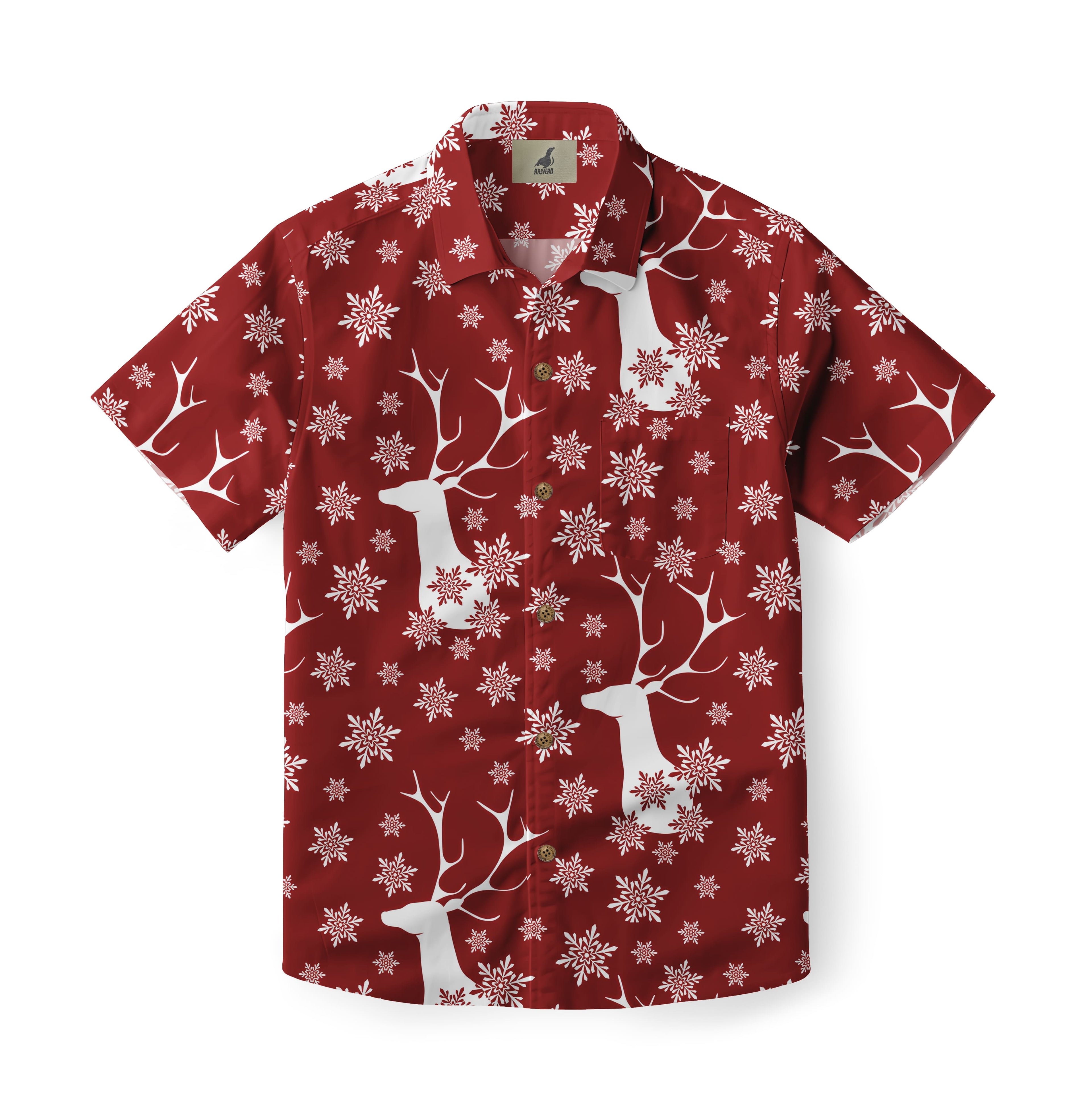 Red Hawaiian shirt with white reindeer and snowflake patterns, short.