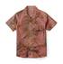 Hawaiian shirt with a muted reddish background featuring an all-over print of tropical palm trees in earthy tones.