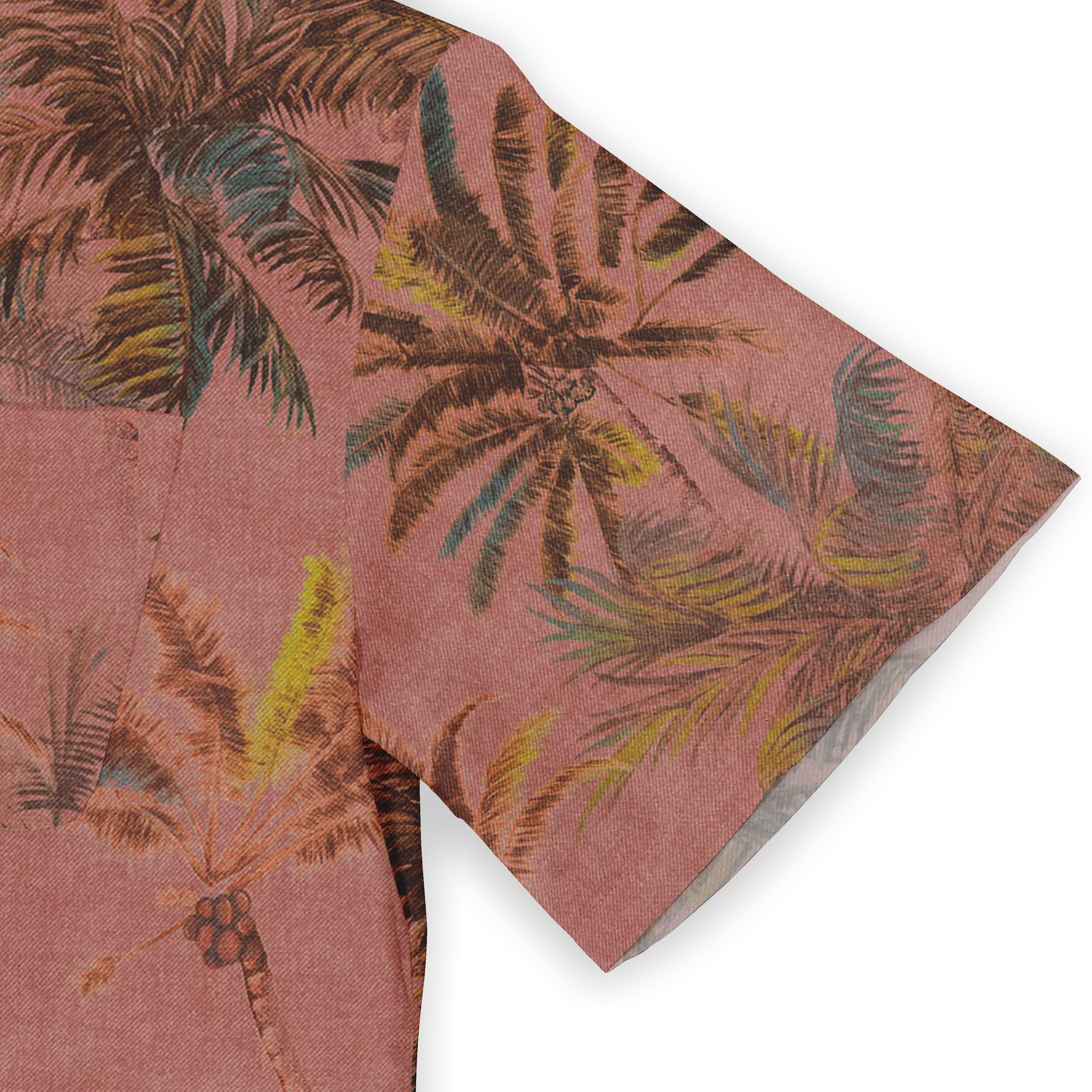 Close-up of the sleeve of a Hawaiian shirt, featuring a reddish fabric with a tropical palm tree print in shades of brown, green, and yellow. The sleeve design highlights the natural, relaxed look of the fabric.