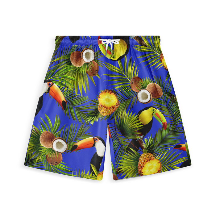 Vibrant blue swim shorts with tropical print featuring toucans.