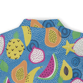 Back view of a Hawaiian shirt featuring a vibrant pattern of assorted tropical fruits like pineapple, watermelon, and starfruit on a blue dotted background, adding a lively and summery feel.