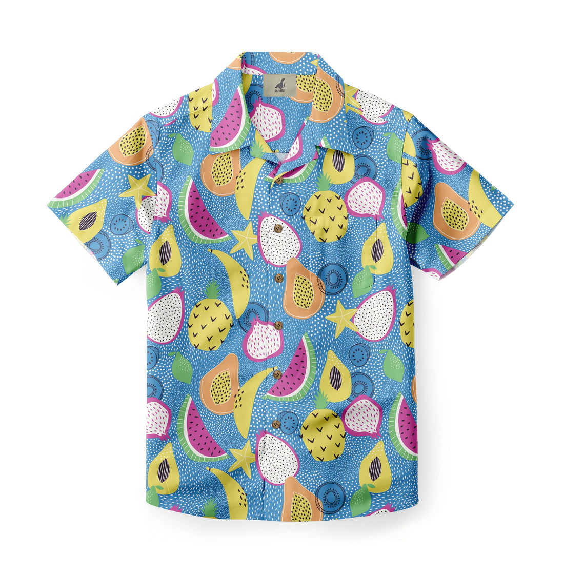 Hawaiian shirt featuring a vibrant pattern of tropical fruits, including pineapples, watermelons, and dragon fruits, on a bright blue background.