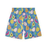 Back view of Hawaiian shorts with a vibrant tropical fruit design on a blue background, featuring playful patterns of pineapples, watermelons, papayas, and starfruit, adding a fun and summery vibe.