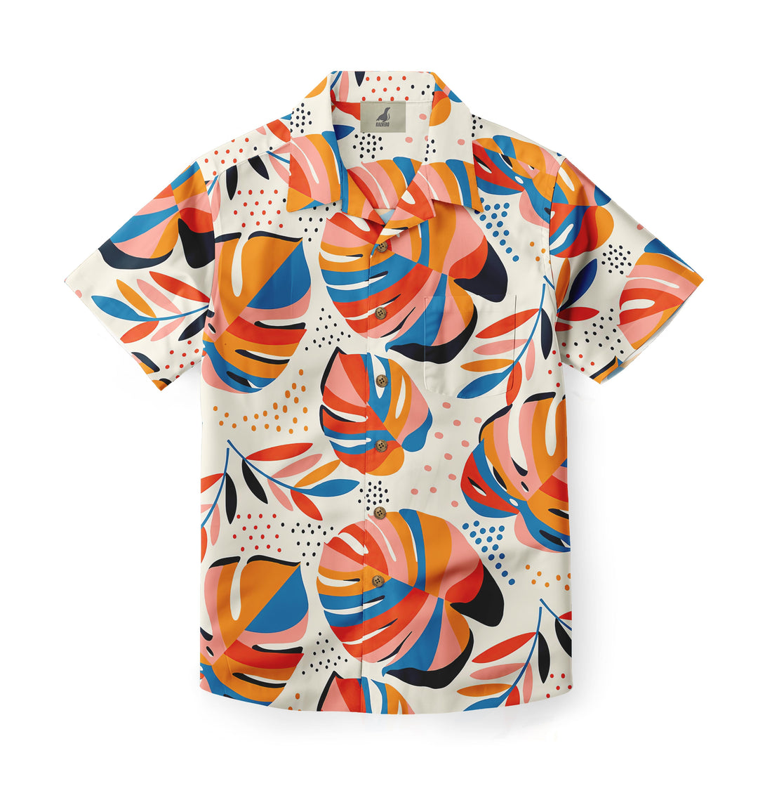 Colorful tropical leaf print short-sleeve shirt.