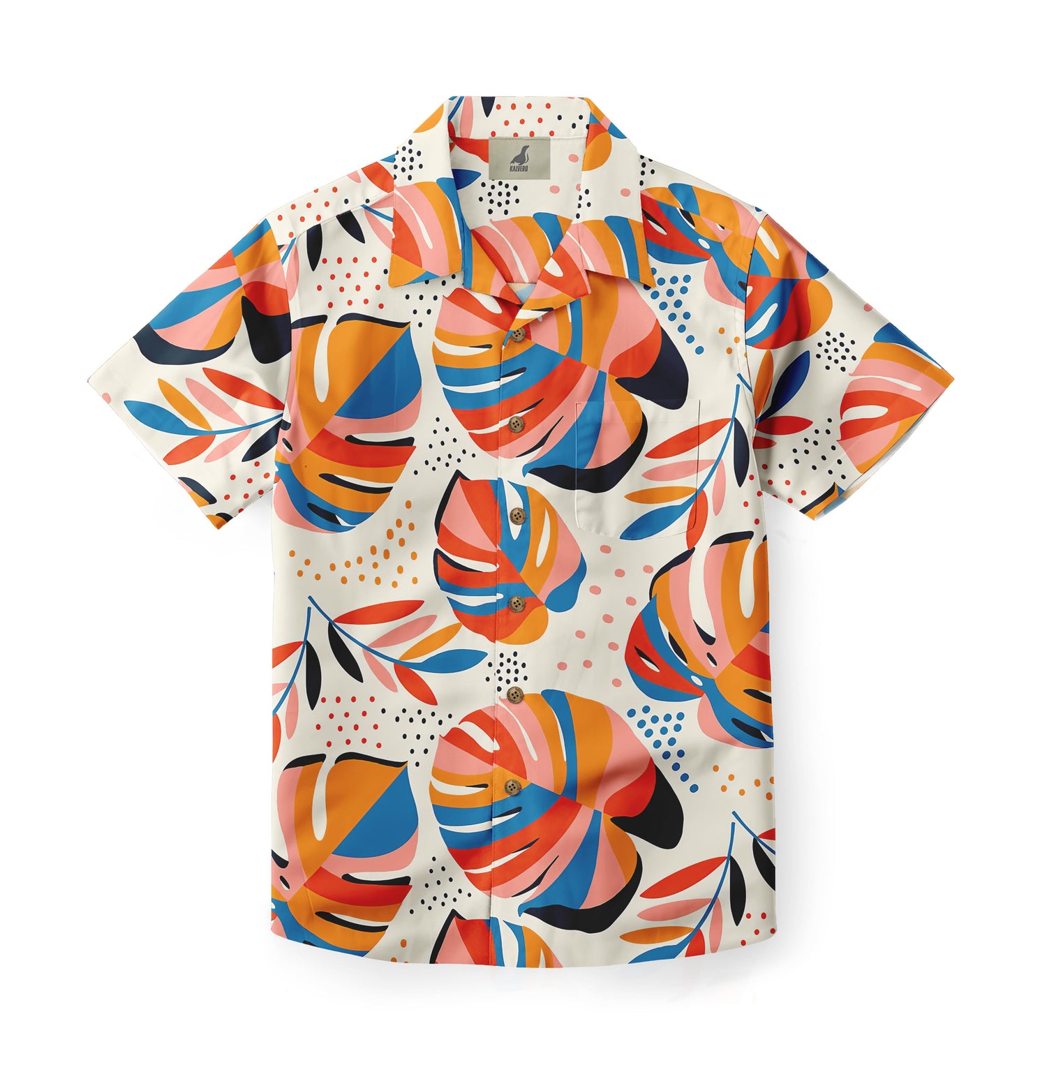 Colorful tropical leaf print short-sleeve shirt.